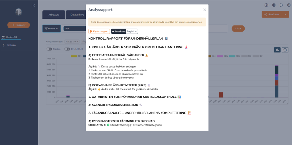 Analysrapport med AI-tolkning som sammanfattar kritiska åtgärder, databrister och täckningsanalys för underhållsplanen.