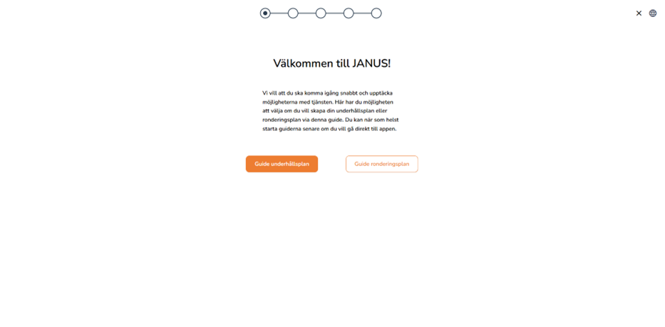 Onboarding-vy som välkomnar användaren och låter dig välja guide för underhållsplan eller rondering.