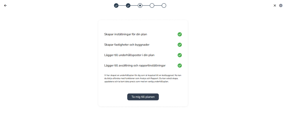 Bekräftelsevy som visar att testmiljö skapas: inställningar, fastighet och byggnader, underhållsposter samt rapportinställningar.