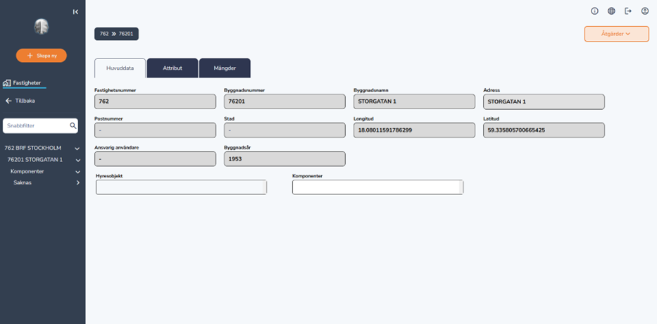 Vy för byggnadens information med flikar för huvuddata, attribut och mängder.