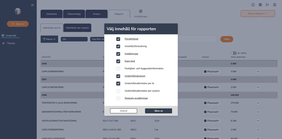 Dialogruta där du väljer vilka sektioner som ska ingå i PDF-rapporten, som diagram, aktiviteter per år och per system samt avsättningar.